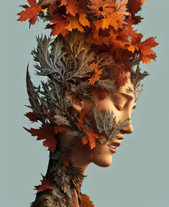 Prompt: 3 d goddess close - up profile portrait of a beautiful intricately detailed autumn mask, fall leaves, thistles, phoenix, dried plants, foxes, wind, creature, artwork by tooth wu and wlop and beeple and greg rutkowski