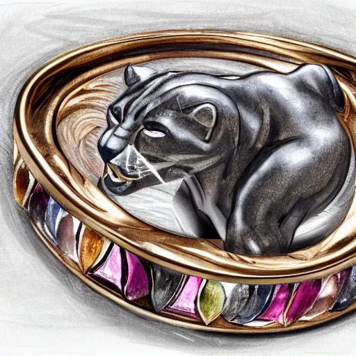 Image similar to sketch of four points of view of a complex ring with a complex cameo ornament of a panther, technical sketch, rose gold, gems, high coloration, ambient lightning, highly detailed, 8 k