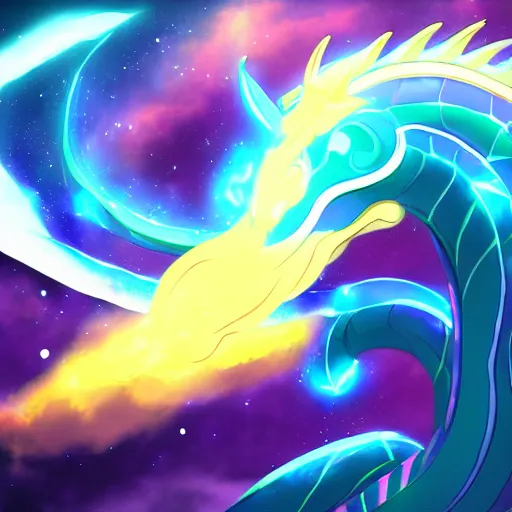 Prompt: aurelion sol dragon in the cosmos staring at the viewer, smooth digital art