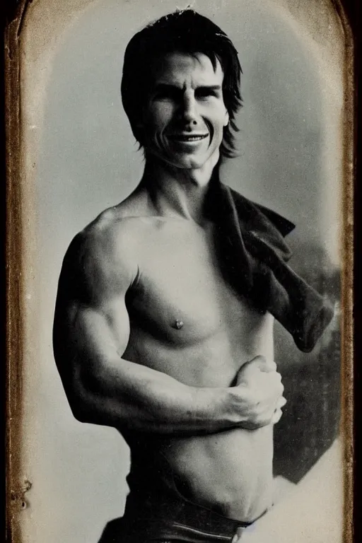 Prompt: disturbing daguerreotype of tom cruise with a creepy grin