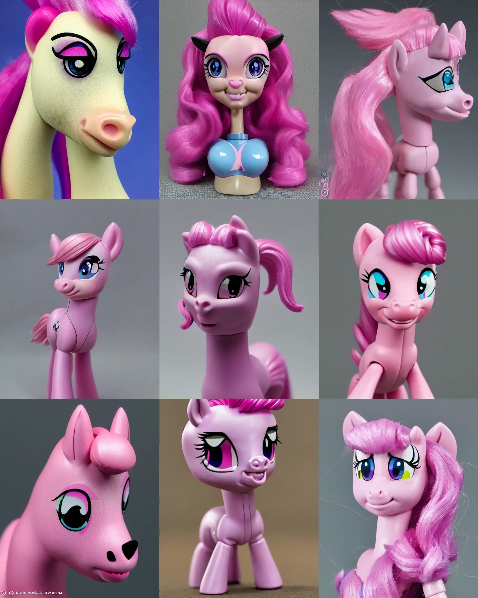 Prompt: pinky pie my little pony, neca!!! powerlifter oversized muscular very detailed realistic action figure animal head aby neca face close up full body in the style of neca, character by neca, film still, bokehs