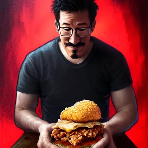 Image similar to Markiplier eating a KFC zinger, closeup, D&D style, fantasy, intricate, elegant, highly detailed, digital painting, artstation, concept art, matte, sharp focus, illustration, art by Artgerm and Greg Rutkowski and Alphonse Mucha