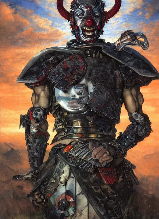 Image similar to portrait of a diabolical cyborg clown samurai, torn cape, adaptive armor, dynamic pose, heavy eyes to the side, ancient ruins, glowing veins subsurface scattering, in clouds, sunset, portrait, by gerald brom, by mikhail vrubel, by peter elson, muted colors, extreme detail, reflections, trending on artstation, 8 k