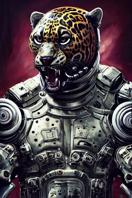 Image similar to a portrait of a muscular anthropomorphic cyberpunk jaguar in spacesuit armor with ensignia on chest plate by sandra chevrier, by jon foster, detailed render, post - processing, extremely hyperdetailed, intricate, epic composition, cybernetics, 4 k realistic, cryengine, realistic shaded lighting, sharp focus, masterpiece, by enki bilal