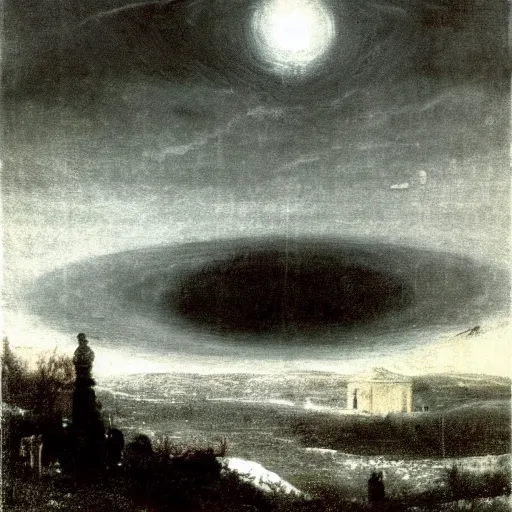 Prompt: a single vast unblinking eye looms in the sky in the depth of night, above bare trees and snow-covered countryside, cosmic horror, Arnold Böcklin