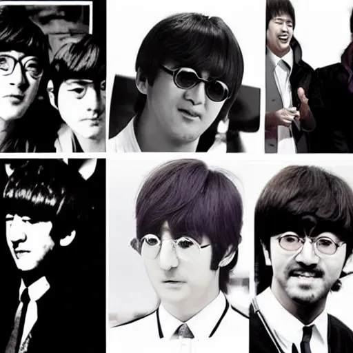 Image similar to The Beatles as Kpop idols. K-Pop idol John Lennon. K-Pop idol Paul McCartney. K-Pop idol George Harrison. K-Pop idol Ringo Starr.