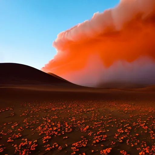 Prompt: an orange sandstorm cloud approaching red flowerfield in the desert