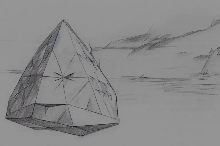 Image similar to giant stone octahedron floating above the desert concept sketch by joe johnston and nilo rodis - jamero and ralph mcquarrie and norman reynolds