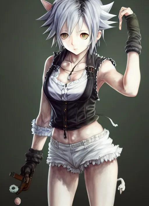 Image similar to a portrait of nekomimi wearing white vest, and shorts an ultrafine detailed painting, detailed painting, detailed eyes!!, final fantasy octopath traveler lovecraft cosmc horror