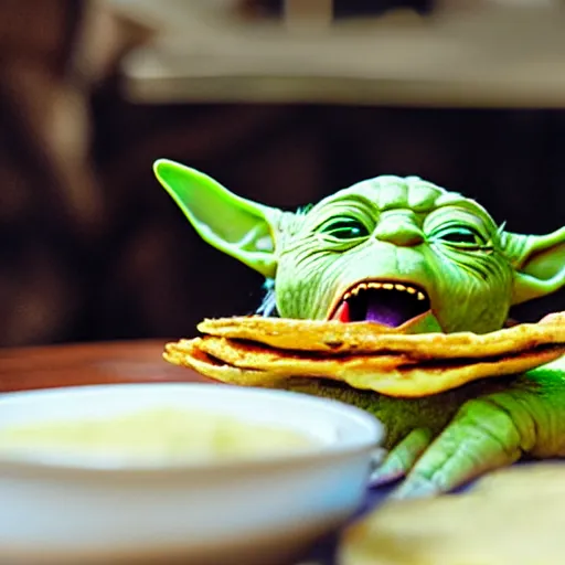 Image similar to A still of Yoda eating arepas, 4k, photograph, ultra realistic, highly detailed, professional lighting