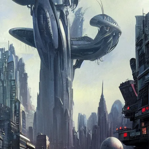 Image similar to An alien cityscape, futuristic alien beings walking through the streets, super advanced alien spacecraft flying in the skies above the city, by Frank Frazetta. Trending on CGSociety, 16k Resolution, hyperdetailed :: no blur, no grain, highly detailed, cinematic, realistic, HDR ::