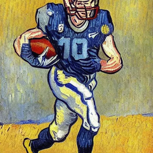 Prompt: A van Gogh style painting of an American football player