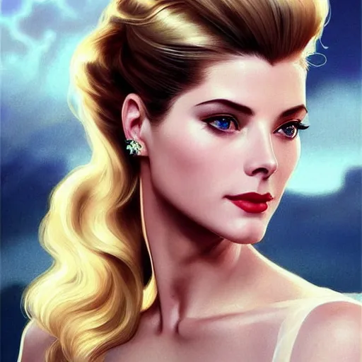 Prompt: A combination of Grace Kelly's and Katheryn Winnick's and Ashley Greene's faces with long eyelash makeup as Solid Snake, western, fantasy, intricate, elegant, highly detailed, digital painting, artstation, concept art, matte, sharp focus, illustration, half body portrait, art by Artgerm and Greg Rutkowski and Alphonse Mucha