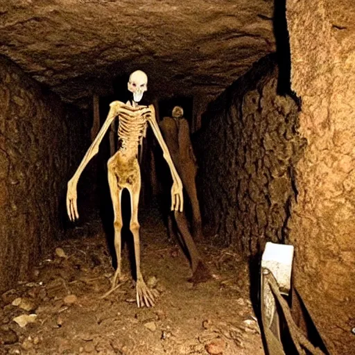 Image similar to creepy, incredibly tall, skinny and pale creature lurking in the catacombs captured on film camera