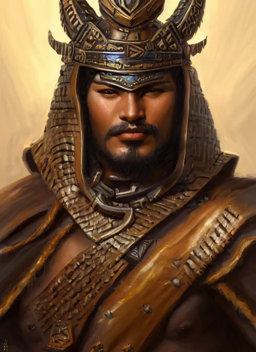Prompt: smart tai warlord, closeup portrait, smooth - faced, historical hero, ethnic group, tai costume, bronze headdress, intricate, with leather armor cross on bare chest, elegant, loin cloth, highly detailed, oil painting, artstation, concept art, matte, sharp focus, illustration, hearthstone, art by earl norem