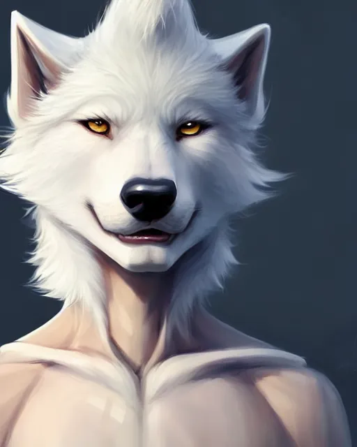 Image similar to character concept art of a cute young male anthropomorphic furry white wolf | | cute - fine - face, pretty face, key visual, realistic shaded perfect face, fine details by stanley artgerm lau, wlop, rossdraws, james jean, andrei riabovitchev, marc simonetti, and sakimichan, trending on artstation