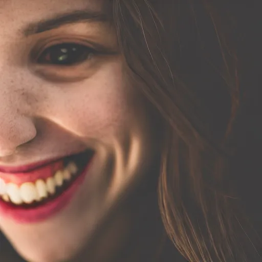 Image similar to 50mm photo of a vampire smiling with large fangs