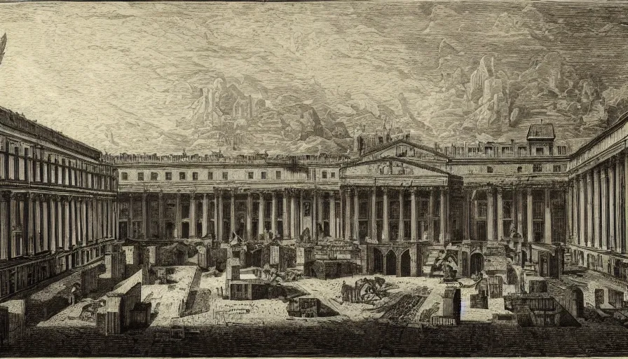 Prompt: a huge square with non euclidian building, by piranesi, high quality, high detailed