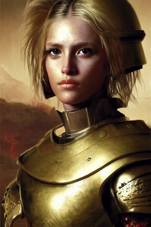 Image similar to beautiful female warrior, half body portrait, blond hair, heavy gold armour, realistic oil painting by Thomas Cole and Wayne Barlowe