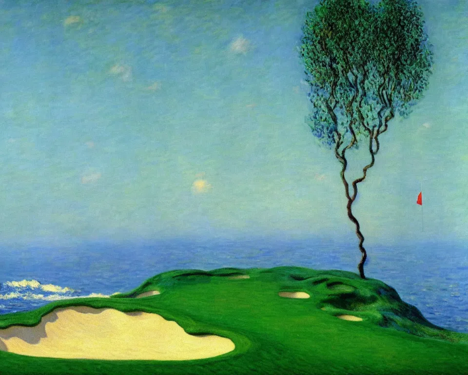 Image similar to achingly beautiful painting of pacific dunes golf by rene magritte, monet, and turner.