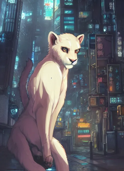 Image similar to character portrait of a male anthro albino mountain lion fursona with a tail and a cute beautiful attractive furry face wearing a police uniform in a cyberpunk city at night while it rains. hidari, color page, tankoban, 4K, tone mapping, Akihiko Yoshida.