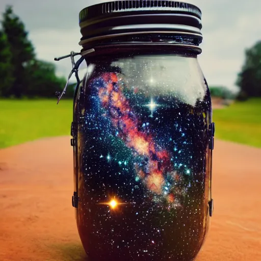 Image similar to the universe in a mason jar, 8 k, hyper realistic, high quality,