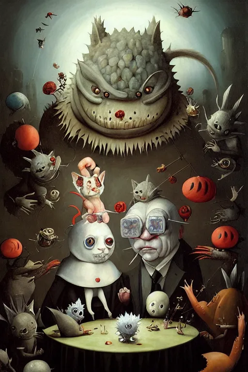 Image similar to hieronymus bosch, greg rutkowski, anna podedworna, painting of two white haired catgirls, a small fat blue godzilla, a pickle in a suit and tie, a cybernetic fox woman, a woman with one eye, a small hedgehog, a man with a shrimp for a head, pointing at a vampire clown with red hair in a vr headset