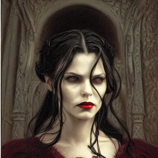 Image similar to portrait of a lady vampire, 35mm, victorian, depth of field, ominous, sharp, highly detailed, photorealistic, realistic, unreal 5, high definition, 8k, deviantart, donato giancola, irwin penn