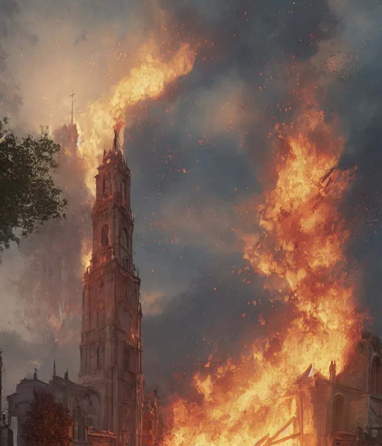 Prompt: a beautiful hyperrealistic detailed 3D render of a burning church, by Anton Otto Fischer, Atey Ghailan, genzoman, unreal engine, octane render, gigantic, 3D, brilliantly coloured, intricate, ultra wide angle, trending on artstation, embers, smoke, dust, dusk, volumetric lighting, HDR, polished, micro details, ray tracing, 8k