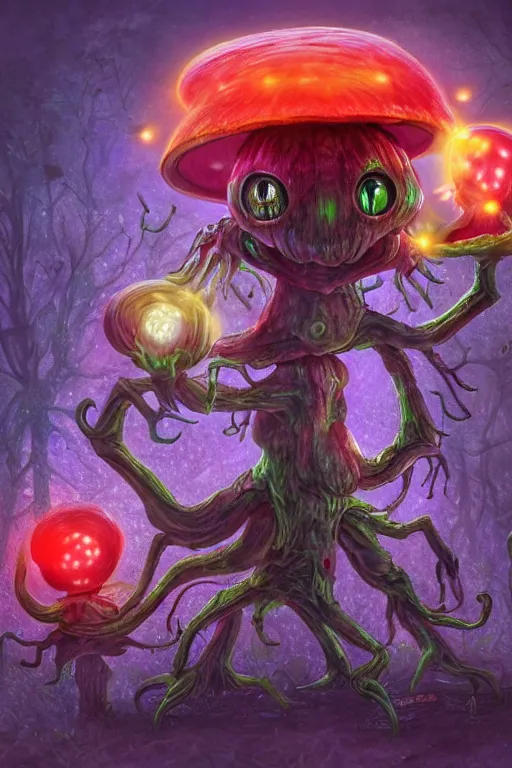 Prompt: a humanoid figure mushroom monster with large glowing eyes, highly detailed, digital art, sharp focus, trending on art station, fungus spores, anime art style