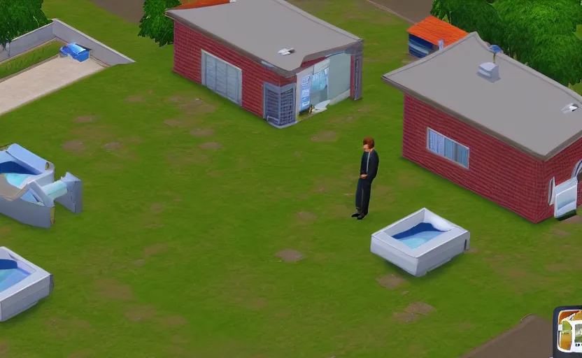 Prompt: bill gates pissing his pants in the sims 2, pc screenshot, zoomed out top down view