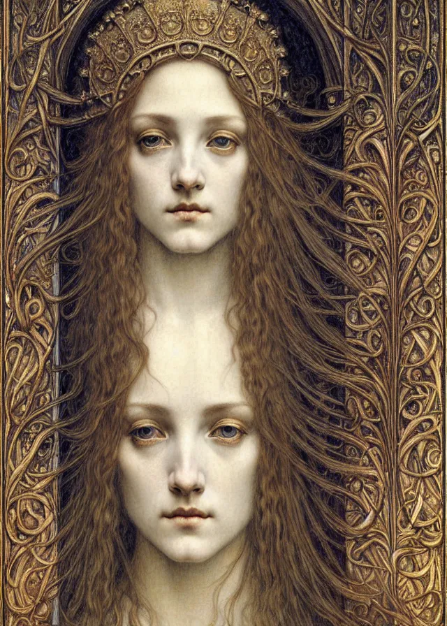 Image similar to detailed realistic beautiful young medieval queen face portrait by jean delville, gustave dore and marco mazzoni, art nouveau, symbolist, visionary, gothic, pre - raphaelite. horizontal symmetry