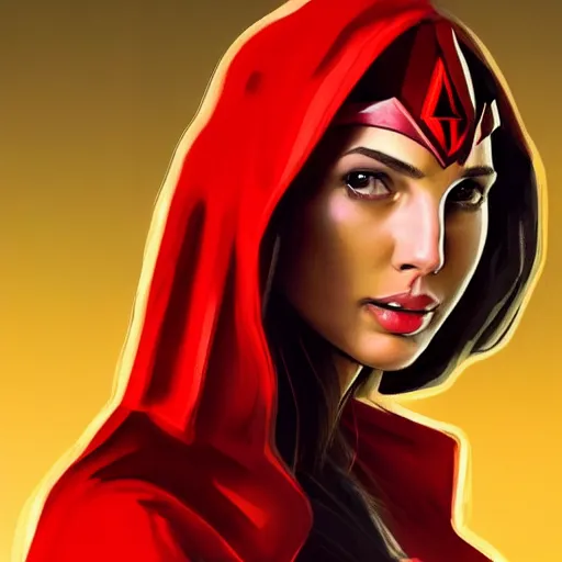 Prompt: Gal Gadot as the Scarlet Witch, illustrated by Antoine Verney-Carron and J. Lesaffre, trending on artstation, 4k, 8k, artstation 3d, artstation rendering, artstation 3d render, artstation 2d render