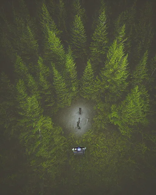 Image similar to werewolf in forest at night, shot from drone, grainy, polaroid