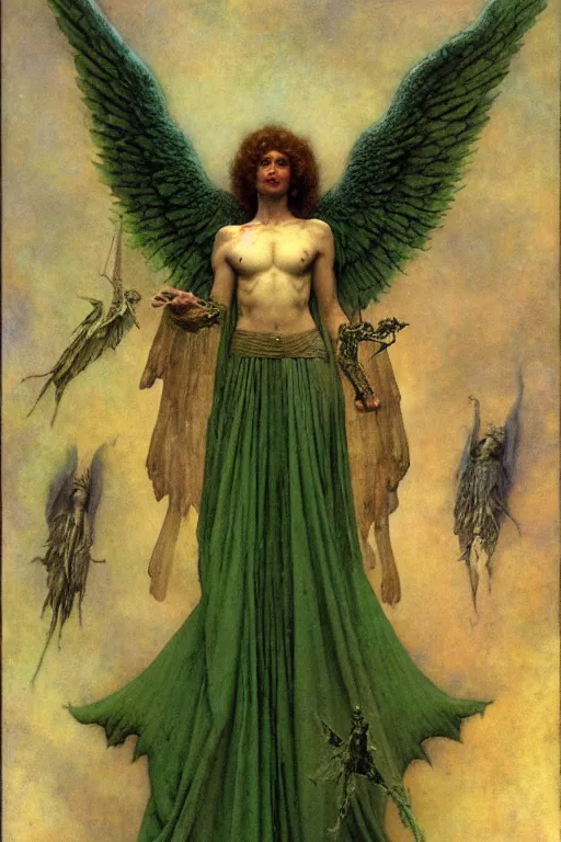 Image similar to a portrait of archangel raphael in a green toga by wayne barlowe, gustav moreau, goward,  Gaston Bussiere and roberto ferri, santiago caruso, and austin osman spare, ((((occult art))))