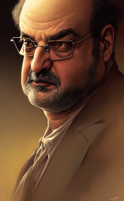 Image similar to portrait of salman rushdie, deep focus, d & d, fantasy, intricate, elegant, highly detailed, digital painting, artstation, concept art, matte, sharp focus, illustration, art by artgerm and greg rutkowski and alphonse mucha