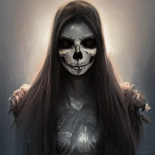 Prompt: Epic portrait, an female with a skull face, long black hair flow, digital painting, artstation, concept art, soft light, hdri, smooth, sharp focus, illustration, fantasy, intricate, elegant, highly detailed, D&D, matte painting, in the style of Greg Rutkowski and Alphonse Mucha and artemisia, 8k, highly detailed, jurgens, rutkowski, bouguereau, pastoral, rustic, georgic