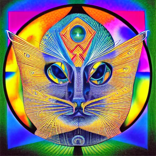 Image similar to Alex Grey Cat, Godself, Net of Being, geometric, psychedelic, acid