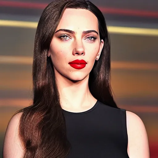 Image similar to a woman who is a genetic combination of kim kardashian and kat dennings and scarlett johansson and margot robbie and emma watson, face and upper - body focus, detailed eyes