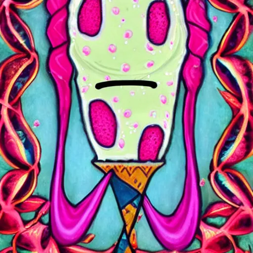 Prompt: happy smiling pink ice cream cone, blue waffle cone, intricate, high definition, beautiful mystical classic inspired painting