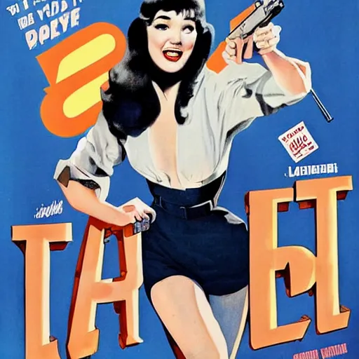 Image similar to betty page fully clothed in a suit holding a handgun, movie poster by kyle lambert