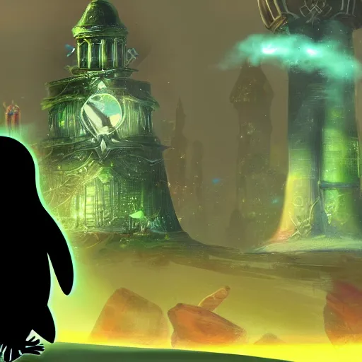 Image similar to penguin with red glowing eyes in front of a green glowing tower in the background, guild wars 2 art style