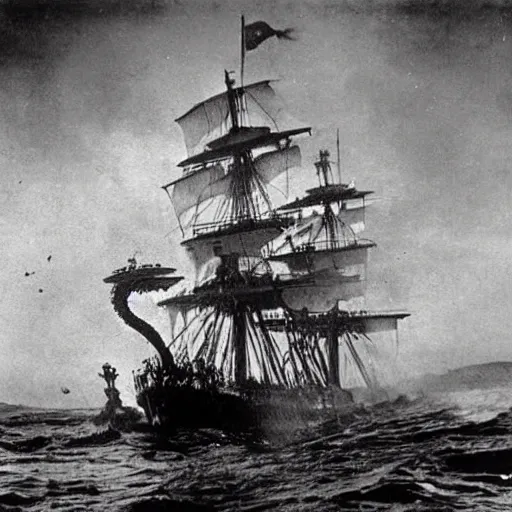 Image similar to an impossibly huge pirate ship, being attacked by a kraken, giant tentacles. 1910s photograph