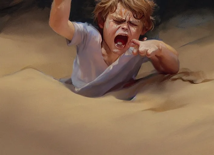 Prompt: a highly detailed beautiful portrait of anakin skywalker screaming and crying at sand, by gregory manchess, james gurney, james jean