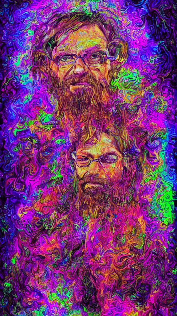 Image similar to terrance mckenna protrait with mushrooms fractals and fog, vivid psychadelic colorful