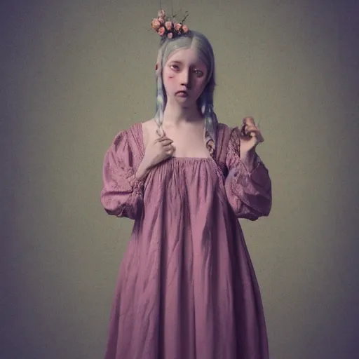 Image similar to 8 k, octane render, realism, tonalism, renaissance, rococo, baroque, cotton candy, portrait of a creepy young lady wearing long 1 9 7 0 s babydoll dress with flowers and skulls