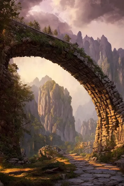 Image similar to A beautiful hyper realistic detailed matte painting of an old stone archway over a pathway through a colorful forest, dramatic sky, dramatic mountains in background, dramatic lighting, dynamic lighting, cinematic lighting, lit by morning light, by Raphael Lacoste and John Howe and Andreas Rocha, unreal engine, featured on artstation