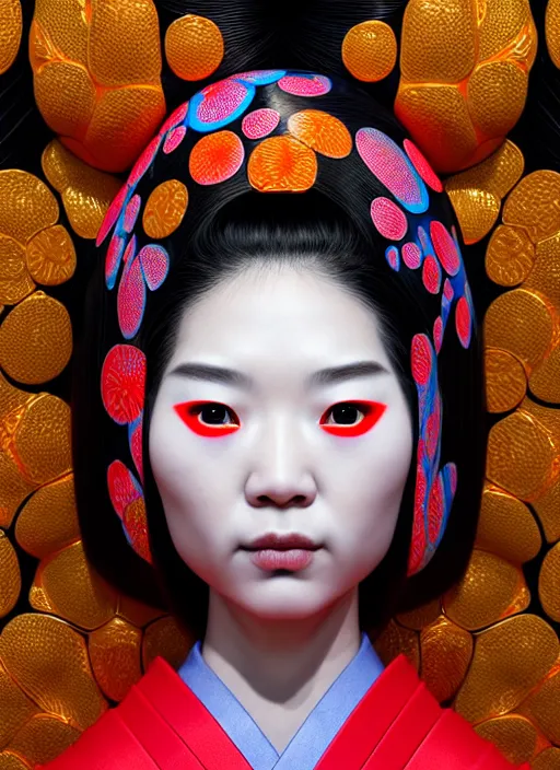 Prompt: hyperrealistic detailed image of a geisha in a art installation room, hd smooth interior by yayoi kusama, part by kei mieno, part by ross tran, dark art by james jean, ultra realistic, highly detailed, life like face, detailed body, 8 k, 3 d render by roger magrini, masterpiece