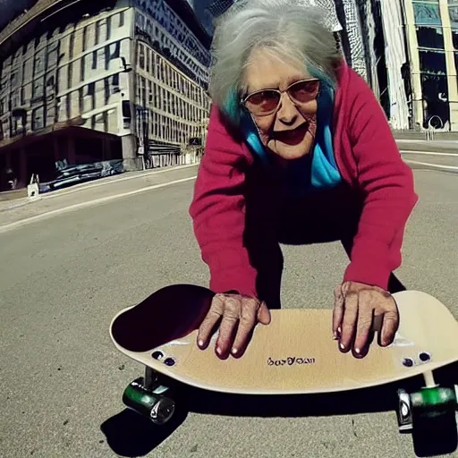 Prompt: cool grandmother skateboard video, fisheye lens, go pro, 4k