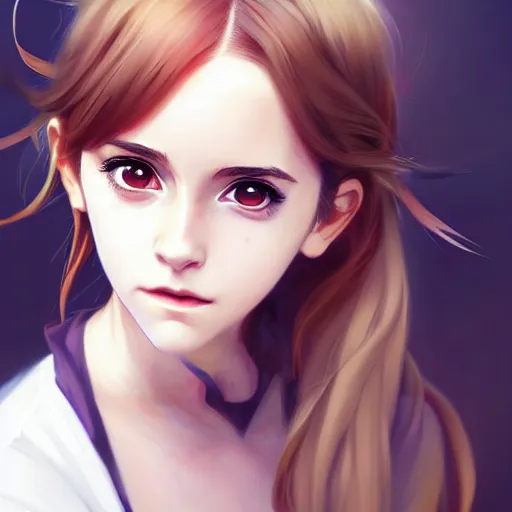 Image similar to anime portrait of emma watson as an anime girl by Stanley Artgerm Lau, WLOP, Rossdraws, James Jean, Andrei Riabovitchev, Marc Simonetti, and Sakimichan, trending on artstation